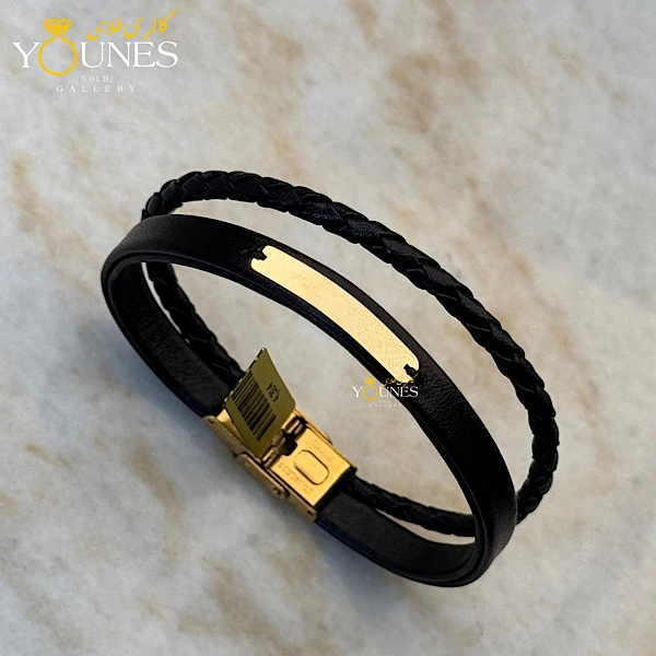 دستبند چرم مردانه طلا براق گیس بافت مشکی